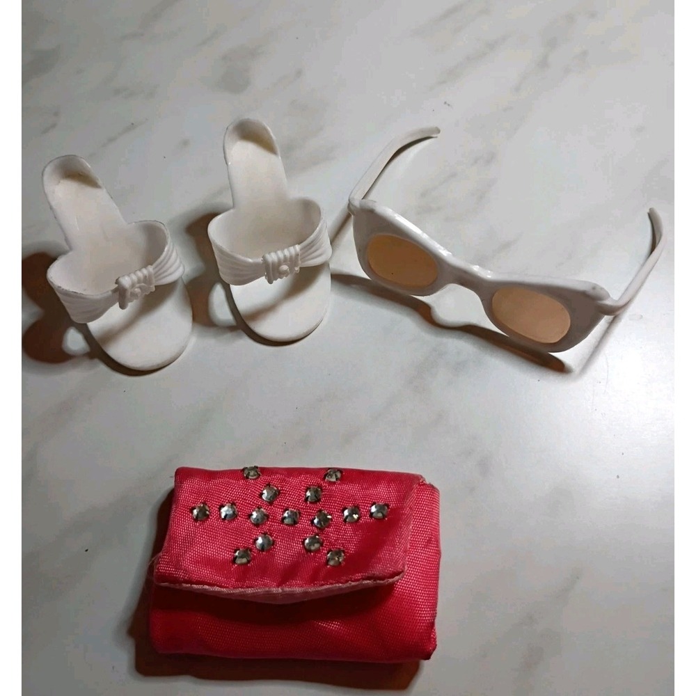 Vintage Doll Accessory Set White Heels Cat Eye Sunglasses Pink Rhinestone Purse